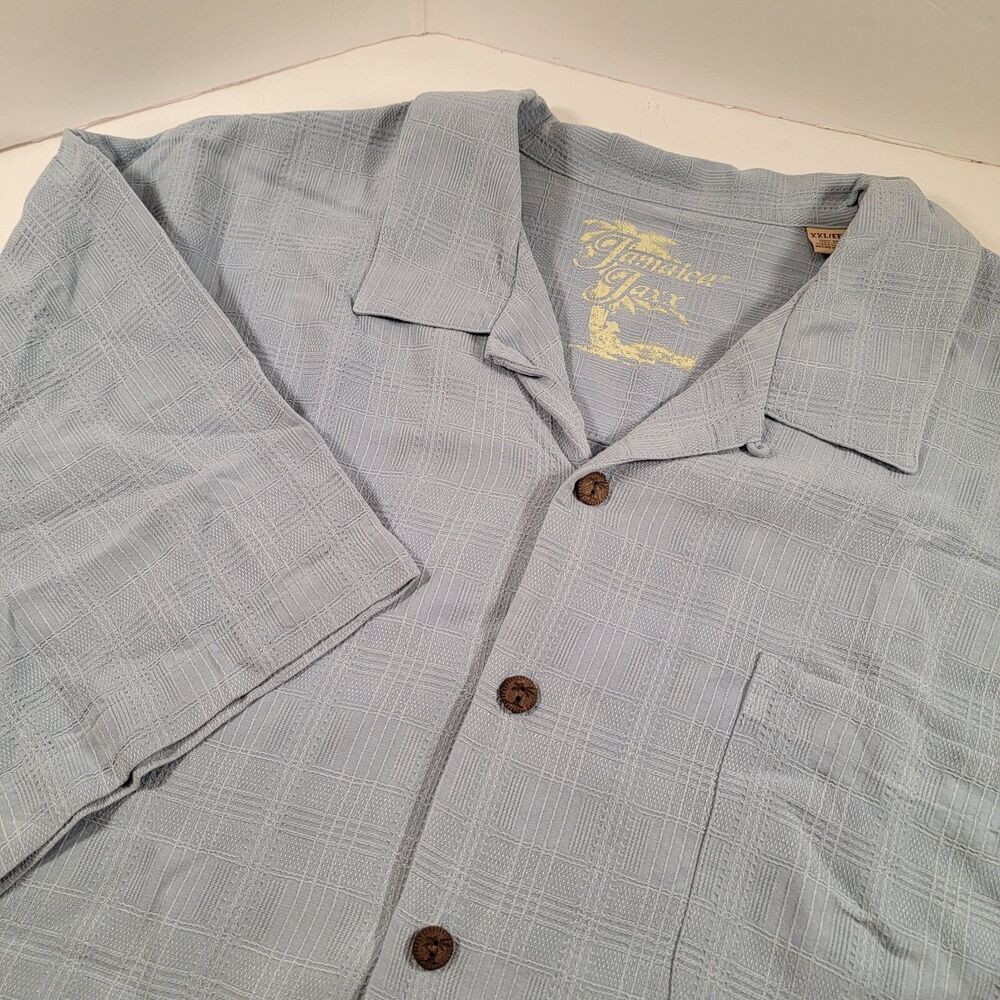 Jamaica Jaxx Wood Buttons Shirt Mens XXL Blue 100% Silk Hawaiian Tropical